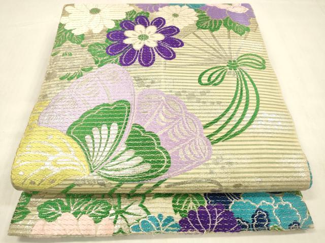 平和屋着物＊夏物 アンティーク 大正ロマン 丸帯 舞蝶扇面花文 銀糸 正絹 逸品 DABB3430cm