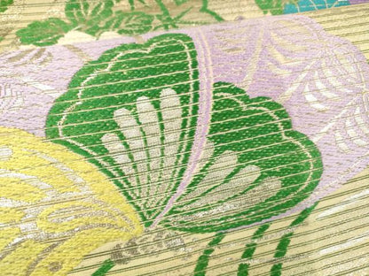 平和屋着物＊夏物 アンティーク 大正ロマン 丸帯 舞蝶扇面花文 銀糸 正絹 逸品 DABB3430cm