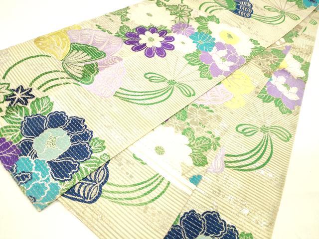 平和屋着物＊夏物 アンティーク 大正ロマン 丸帯 舞蝶扇面花文 銀糸 正絹 逸品 DABB3430cm