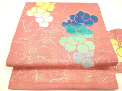 平和屋着物＊夏物 九寸名古屋帯 葡萄草葉文 金銀糸 正絹 逸品 DABB3431cm