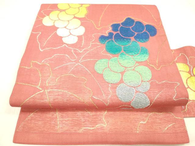 平和屋着物＊夏物 九寸名古屋帯 葡萄草葉文 金銀糸 正絹 逸品 DABB3431cm