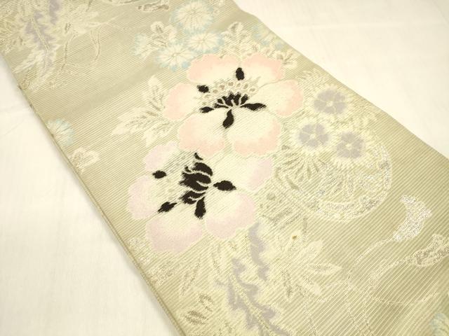 平和屋着物＊夏物 アンティーク 大正ロマン 丸帯 引き抜き帯 唐織 草花文 銀糸 正絹 逸品 DABB3433cm