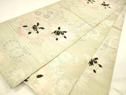 平和屋着物＊夏物 アンティーク 大正ロマン 丸帯 引き抜き帯 唐織 草花文 銀糸 正絹 逸品 DABB3433cm