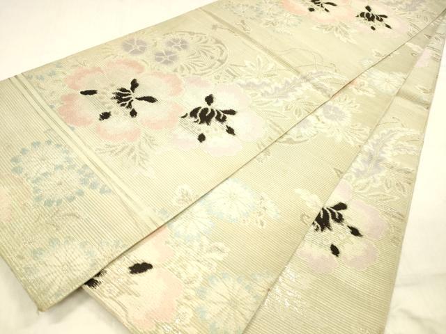 平和屋着物＊夏物 アンティーク 大正ロマン 丸帯 引き抜き帯 唐織 草花文 銀糸 正絹 逸品 DABB3433cm