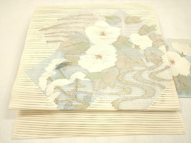 平和屋着物＊夏物 絽綴れ 八寸名古屋帯 流水花文 金銀糸 正絹 逸品 DABB3445cm