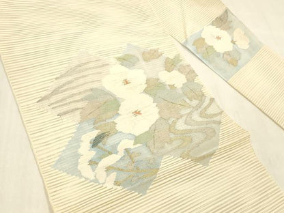 平和屋着物＊夏物 絽綴れ 八寸名古屋帯 流水花文 金銀糸 正絹 逸品 DABB3445cm