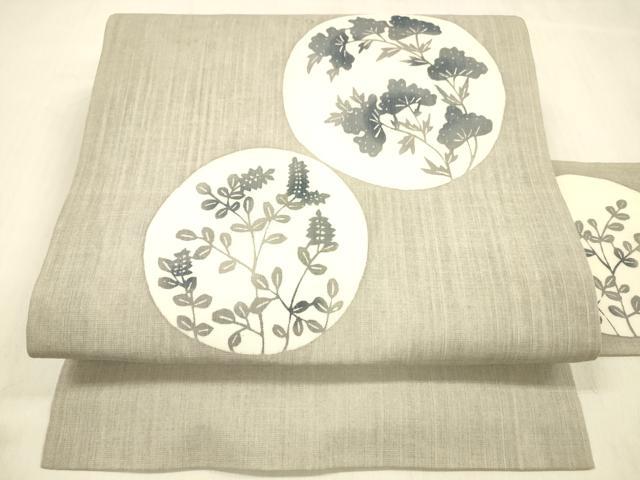 平和屋着物＊夏物 九寸名古屋帯 型染 草花文 正絹 逸品 DABB3447cm
