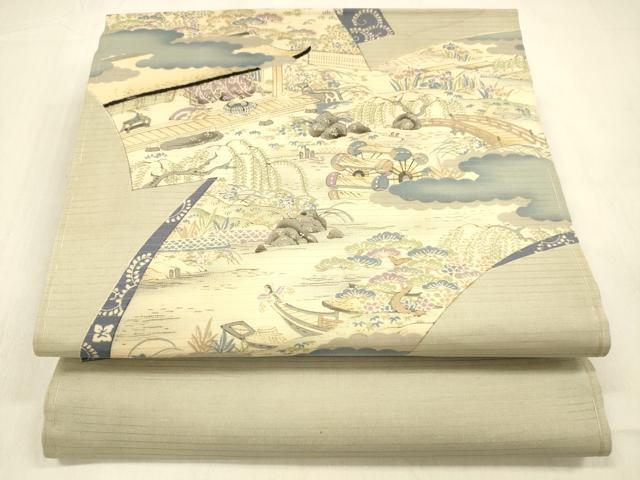 平和屋着物＊夏物 アンティーク 大正ロマン 両面 丸帯 風景文 団扇遠山草花文 正絹 逸品 DABB3449cm
