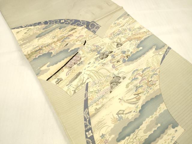 平和屋着物＊夏物 アンティーク 大正ロマン 両面 丸帯 風景文 団扇遠山草花文 正絹 逸品 DABB3449cm