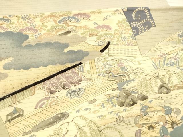 平和屋着物＊夏物 アンティーク 大正ロマン 両面 丸帯 風景文 団扇遠山草花文 正絹 逸品 DABB3449cm