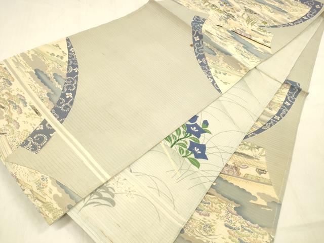 平和屋着物＊夏物 アンティーク 大正ロマン 両面 丸帯 風景文 団扇遠山草花文 正絹 逸品 DABB3449cm