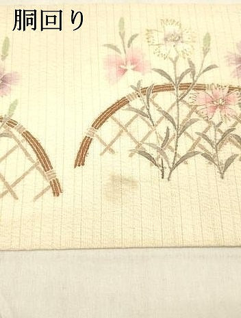 平和屋着物＊夏物 九寸名古屋帯 変わり絽縮緬 手描き 籬花文 金彩 正絹 逸品 DABB3452cm