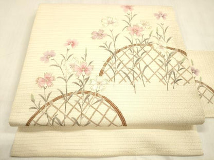 平和屋着物＊夏物 九寸名古屋帯 変わり絽縮緬 手描き 籬花文 金彩 正絹 逸品 DABB3452cm