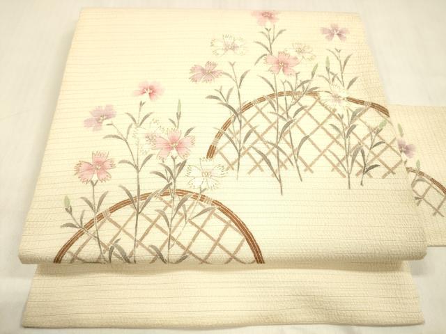 平和屋着物＊夏物 九寸名古屋帯 変わり絽縮緬 手描き 籬花文 金彩 正絹 逸品 DABB3452cm