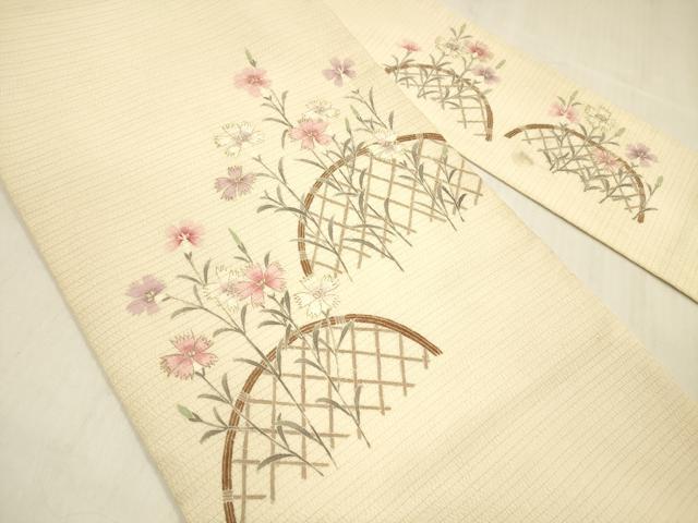 平和屋着物＊夏物 九寸名古屋帯 変わり絽縮緬 手描き 籬花文 金彩 正絹 逸品 DABB3452cm