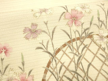 平和屋着物＊夏物 九寸名古屋帯 変わり絽縮緬 手描き 籬花文 金彩 正絹 逸品 DABB3452cm