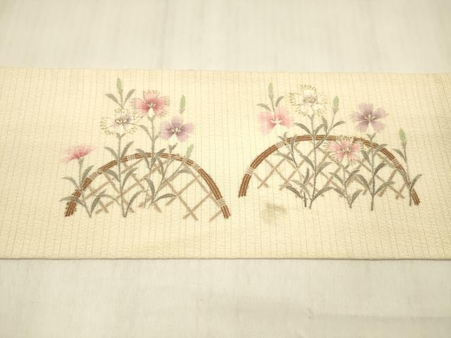 平和屋着物＊夏物 九寸名古屋帯 変わり絽縮緬 手描き 籬花文 金彩 正絹 逸品 DABB3452cm