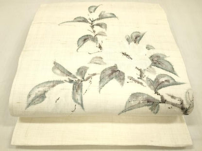 平和屋着物＊夏物 九寸開き名古屋帯 手描き 枝花文 麻 逸品 DABB3464cm