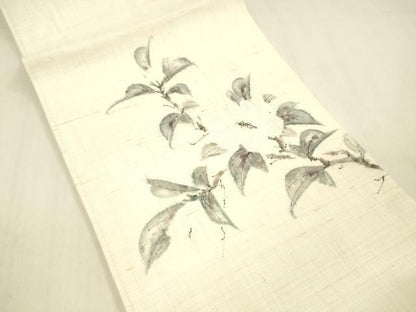 平和屋着物＊夏物 九寸開き名古屋帯 手描き 枝花文 麻 逸品 DABB3464cm