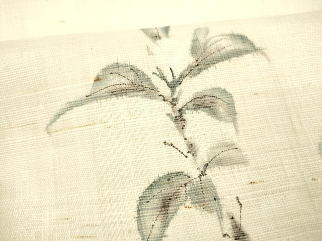 平和屋着物＊夏物 九寸開き名古屋帯 手描き 枝花文 麻 逸品 DABB3464cm