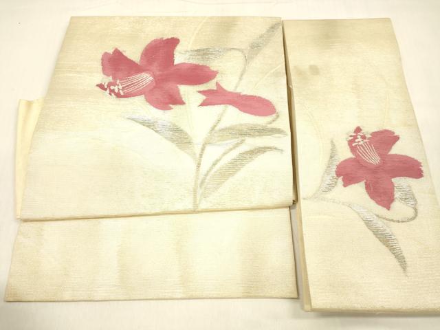平和屋着物＊夏物 つけ帯 草花文 銀糸 引箔 正絹 逸品 DABB3465cm