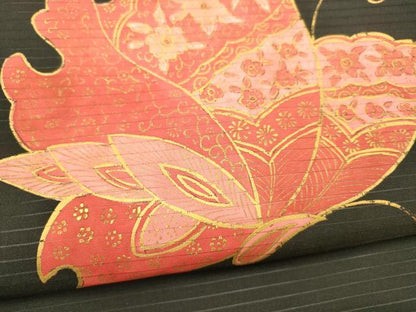 平和屋着物＊夏物 絽塩瀬 つけ帯 花蝶文 黒地 金彩 正絹 逸品 DABB3471cm