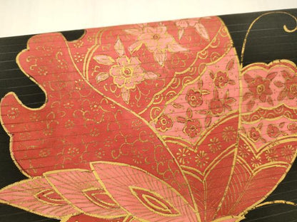 平和屋着物＊夏物 絽塩瀬 つけ帯 花蝶文 黒地 金彩 正絹 逸品 DABB3471cm