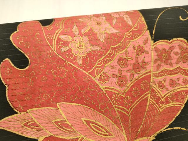 平和屋着物＊夏物 絽塩瀬 つけ帯 花蝶文 黒地 金彩 正絹 逸品 DABB3471cm
