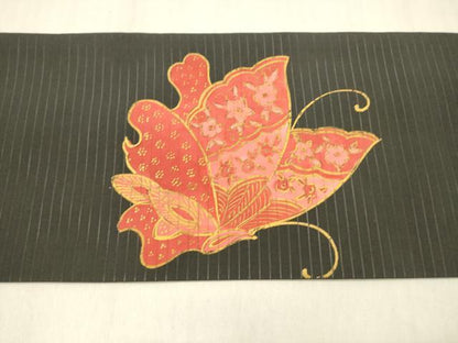 平和屋着物＊夏物 絽塩瀬 つけ帯 花蝶文 黒地 金彩 正絹 逸品 DABB3471cm