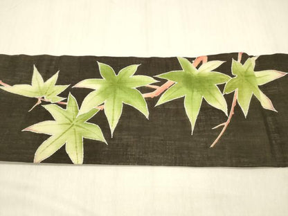 平和屋着物＊夏物　九寸名古屋帯　枝葉文　黒地　銀彩　正絹　逸品　DABB3479cm