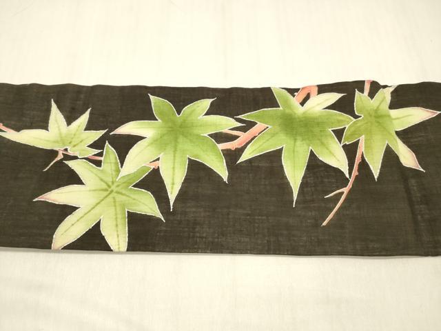平和屋着物＊夏物　九寸名古屋帯　枝葉文　黒地　銀彩　正絹　逸品　DABB3479cm