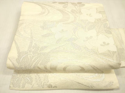 平和屋着物＊夏物 九寸名古屋帯 流水草花文 銀糸 正絹 逸品 DABB3481cm