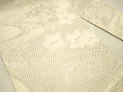 平和屋着物＊夏物 九寸名古屋帯 流水草花文 銀糸 正絹 逸品 DABB3481cm