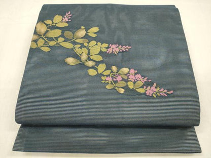 平和屋着物＊夏物 九寸開き名古屋帯 草花文 金糸 正絹 逸品 DABB3483cm