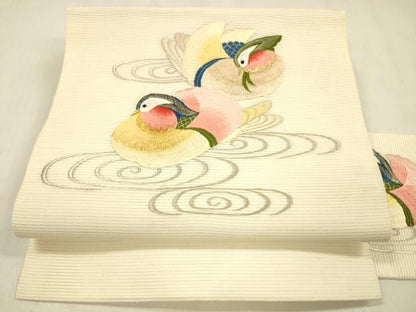 平和屋着物＊夏物 九寸名古屋帯 総刺繍 流水鴛鴦文 金銀糸 正絹 逸品 DABB3485cm