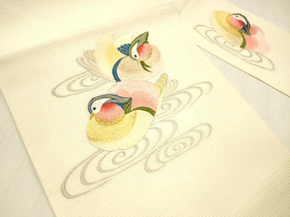 平和屋着物＊夏物 九寸名古屋帯 総刺繍 流水鴛鴦文 金銀糸 正絹 逸品 DABB3485cm
