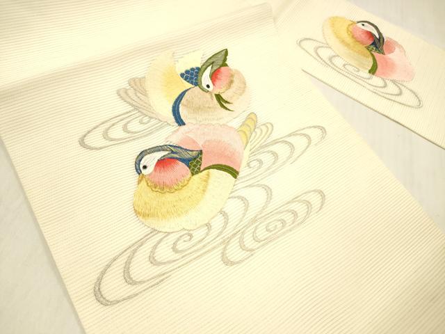 平和屋着物＊夏物 九寸名古屋帯 総刺繍 流水鴛鴦文 金銀糸 正絹 逸品 DABB3485cm