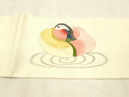 平和屋着物＊夏物 九寸名古屋帯 総刺繍 流水鴛鴦文 金銀糸 正絹 逸品 DABB3485cm