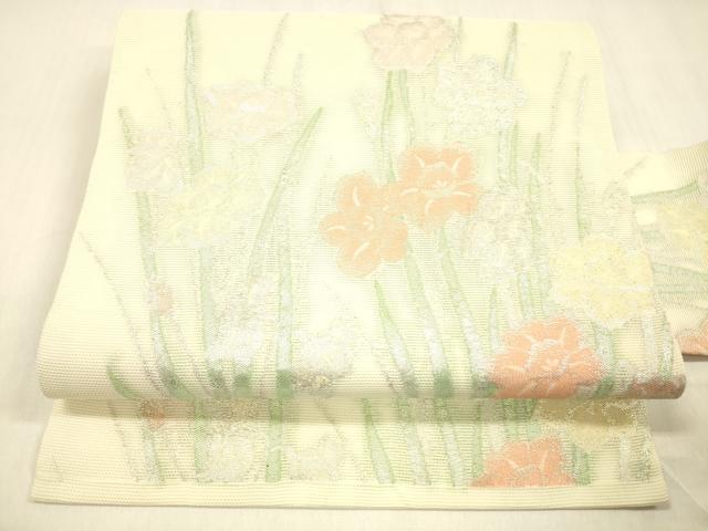 平和屋着物＊夏物 九寸名古屋帯 草花文 金銀糸 正絹 逸品 DABB3486cm