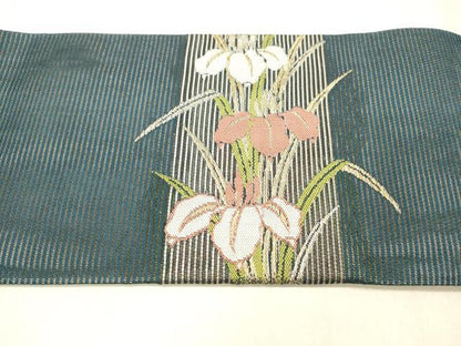 平和屋着物＊夏物 九寸名古屋帯 杜若 金銀糸 正絹 逸品 DABB3491cm