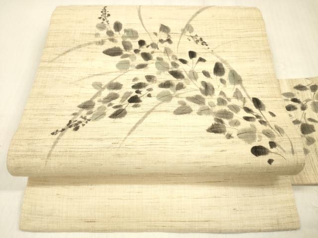 平和屋着物＊夏物 九寸名古屋帯 手描き 草葉文 麻 逸品 DABB3495cm