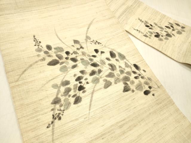 平和屋着物＊夏物 九寸名古屋帯 手描き 草葉文 麻 逸品 DABB3495cm