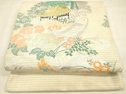 平和屋着物＊夏物 アンティーク 大正ロマン 丸帯 風景文 金銀糸 正絹 逸品 DABB3504cm