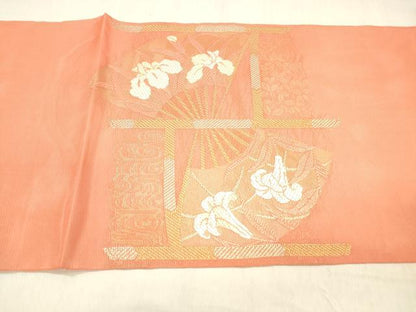 平和屋着物＊夏物 太鼓柄 本袋帯 唐織 流水扇面草花文 金銀糸 正絹 逸品 DABB3506cm