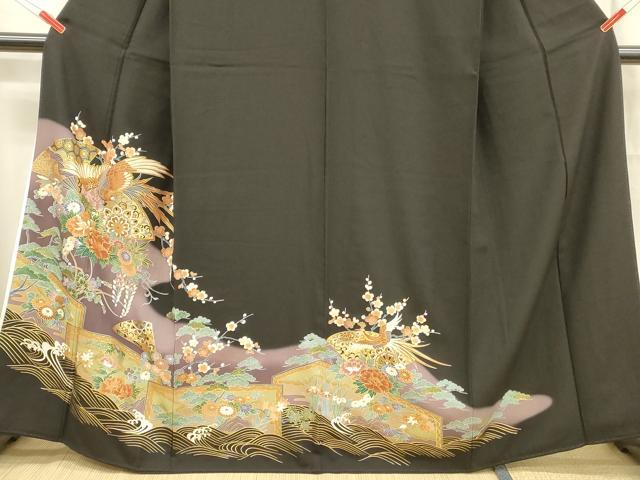 平和屋着物■豪華黒留袖　鳳凰草花文　暈し染め　金彩　正絹　逸品　DABB3540cm