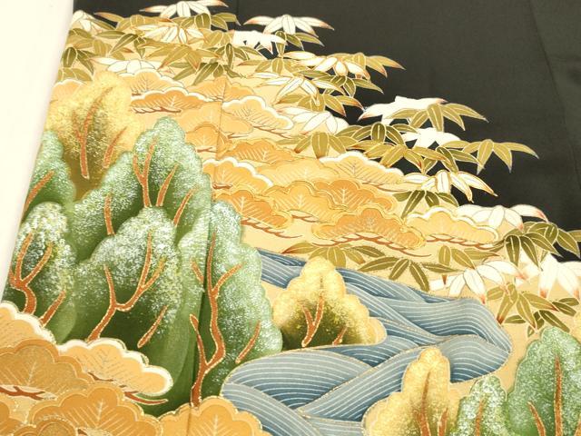 平和屋着物■豪華黒留袖 駒刺繍 樹林笹の葉松文 金彩 正絹 逸品 DABB3546cm