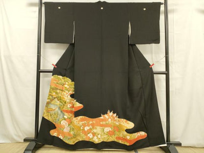 平和屋着物■豪華黒留袖 駒刺繍 風景草花文 松竹梅 暈し染め 金彩 正絹 逸品 DABB3548cm