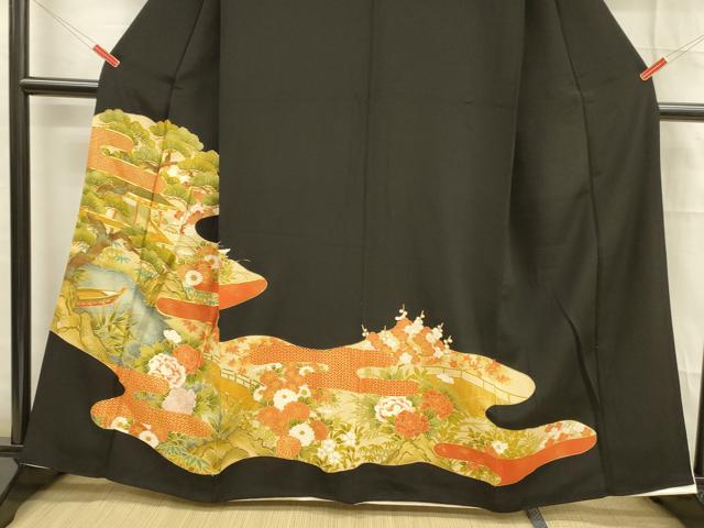 平和屋着物■豪華黒留袖 駒刺繍 風景草花文 松竹梅 暈し染め 金彩 正絹 逸品 DABB3548cm