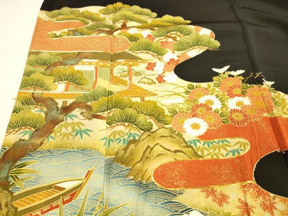 平和屋着物■豪華黒留袖 駒刺繍 風景草花文 松竹梅 暈し染め 金彩 正絹 逸品 DABB3548cm
