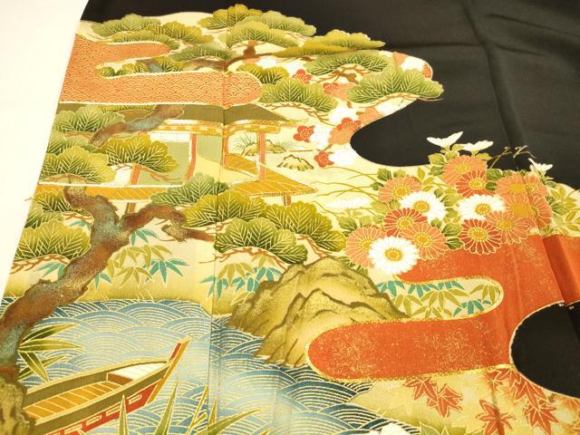 平和屋着物■豪華黒留袖 駒刺繍 風景草花文 松竹梅 暈し染め 金彩 正絹 逸品 DABB3548cm